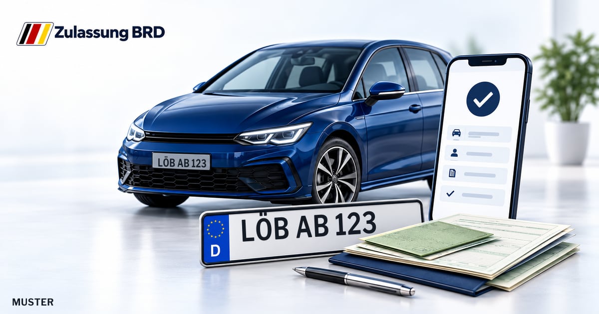Online Fahrzeugzulassung in Löbau: Musterkennzeichen LÖB AB 123, Auto und Fahrzeugpapiere und Smartphone. Illustration mit Logo von Zulassung BRD.